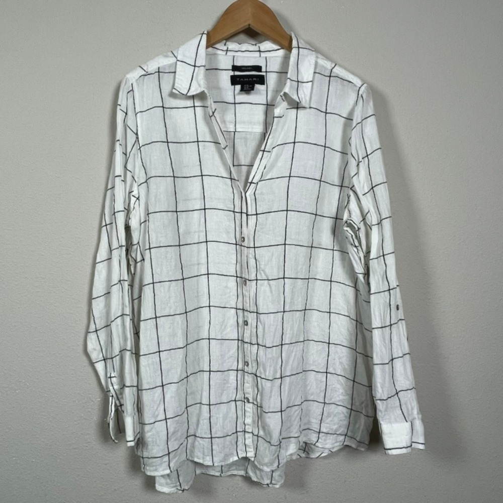 Tahari Linen Button Down Shirt Womens XL White Black Windowpane Grid Roll Tab